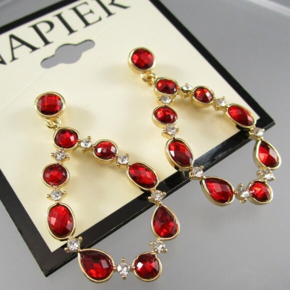 NAPIER Mod/Contemporary Gold Red & Clear Crystal Open Teardrop Earrings**NEW! - Picture 2 of 3